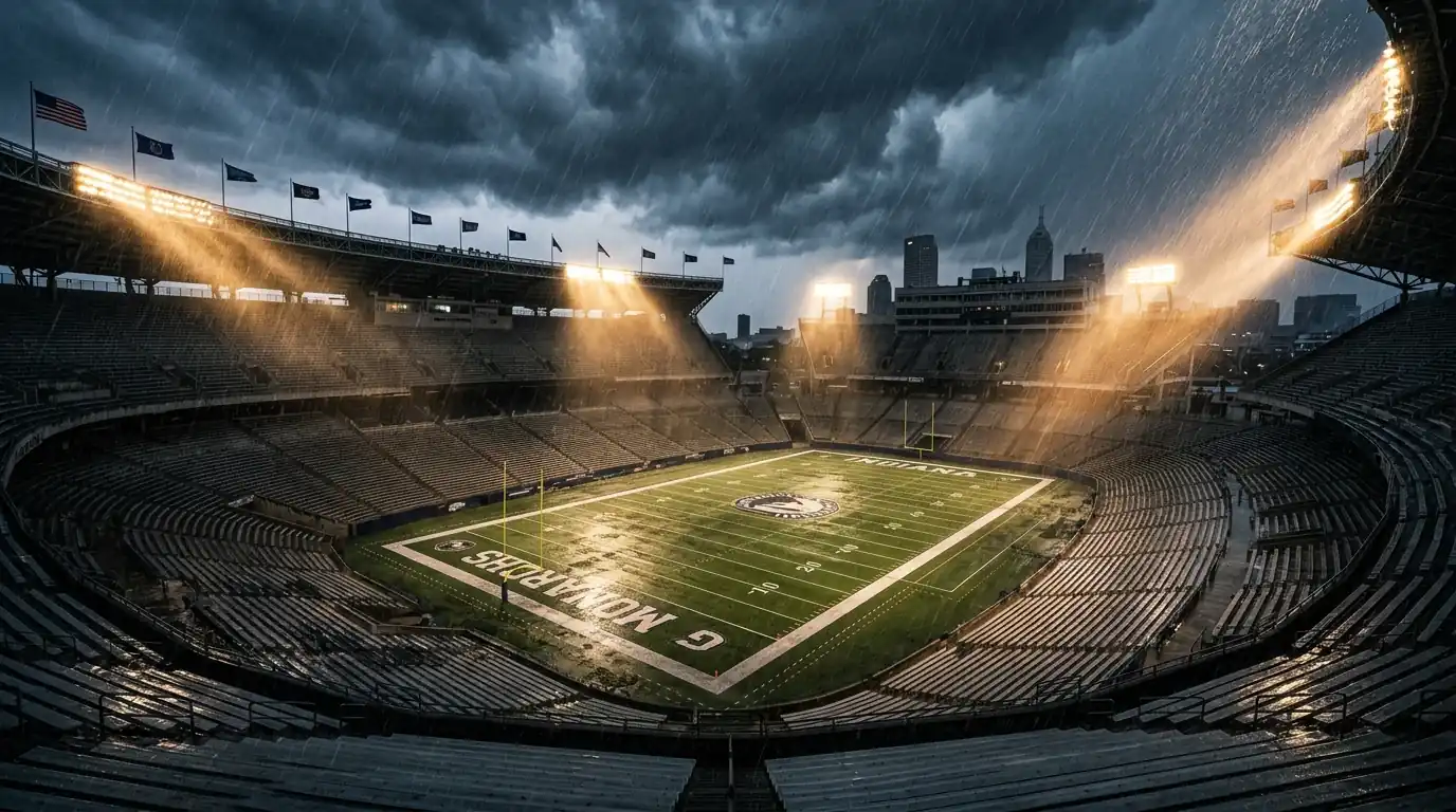 NFL stadium under dark storm clouds with rain and wind affecting an American football game