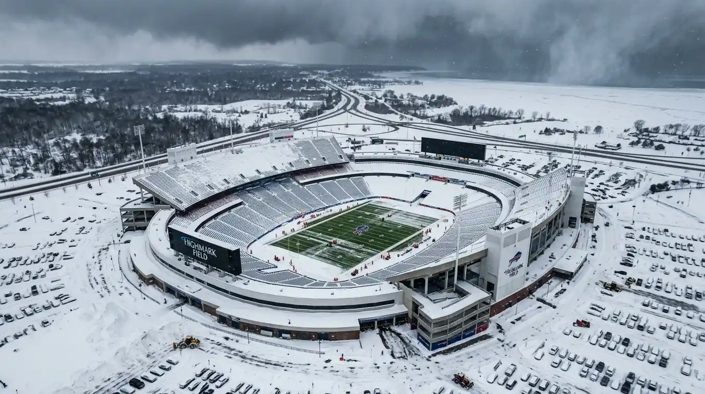 Highmark Stadium in Buffalo covered in lake-effect snow before an NFL game