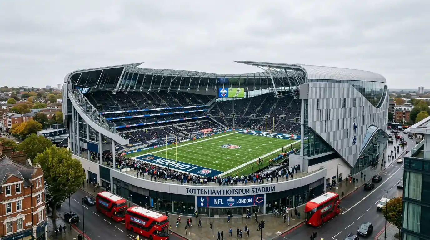 Tottenham Hotspur Stadium set up for an NFL American football game on an overcast London afternoon