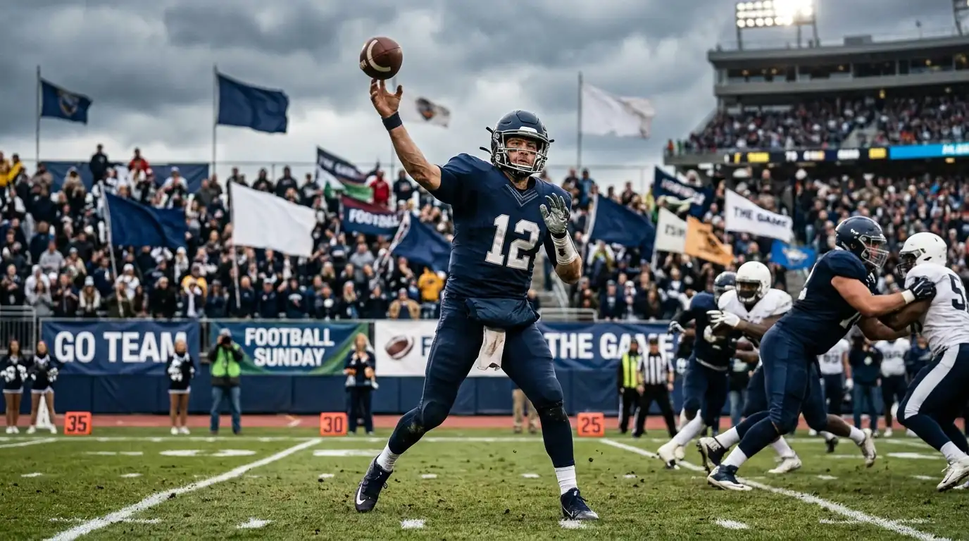 American football quarterback throwing a pass in strong wind at an open-air NFL stadium